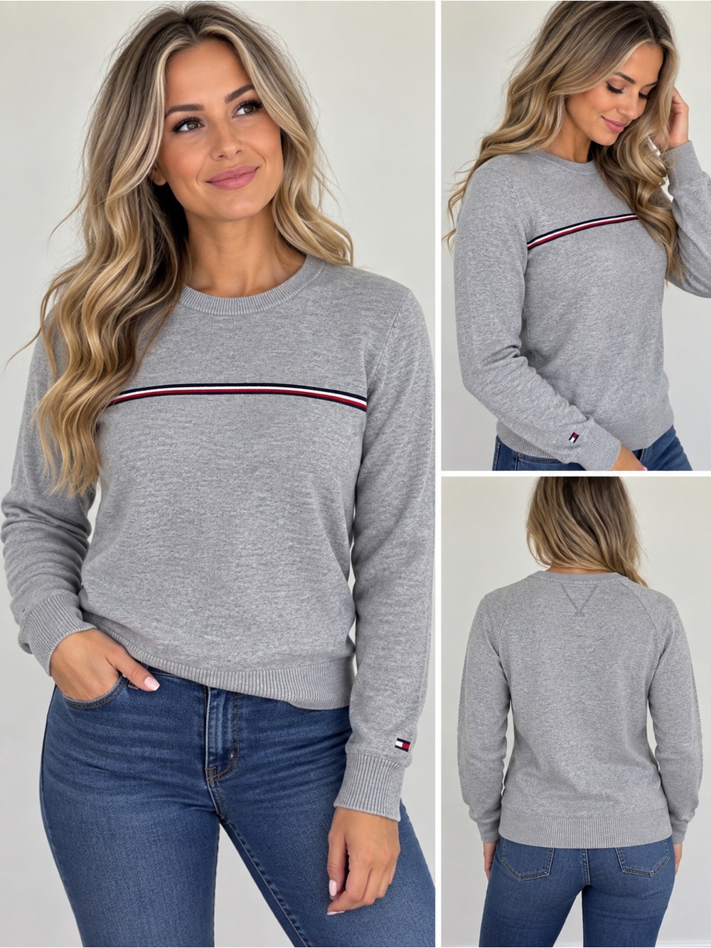 Tommy Hilfiger Grey Flag Stripe Crewneck Sweater Size Small